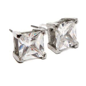 Cubic Zirconia CZ Clear Stud Earrings Square Cut Gems Silver